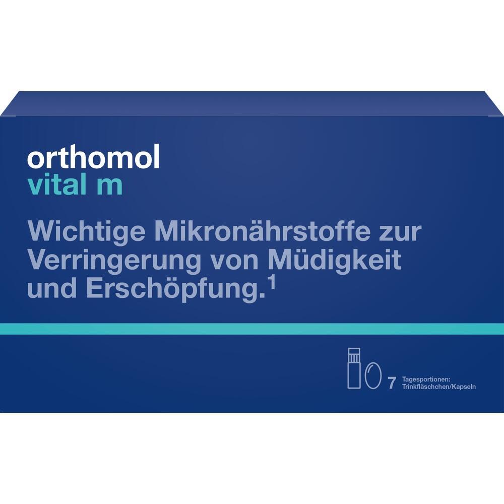 Blaue Verpackung mit der Aufschrift "Orthomol vital m" für mehr Energie.