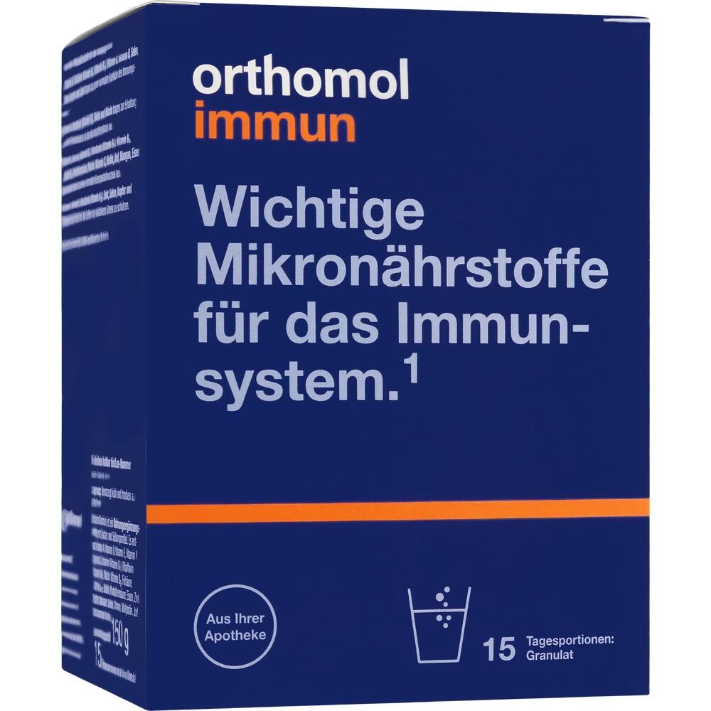 Blaue Box mit der Aufschrift &bdquo;Orthomol Immun&ldquo; f&uuml;r das Immunsystem.