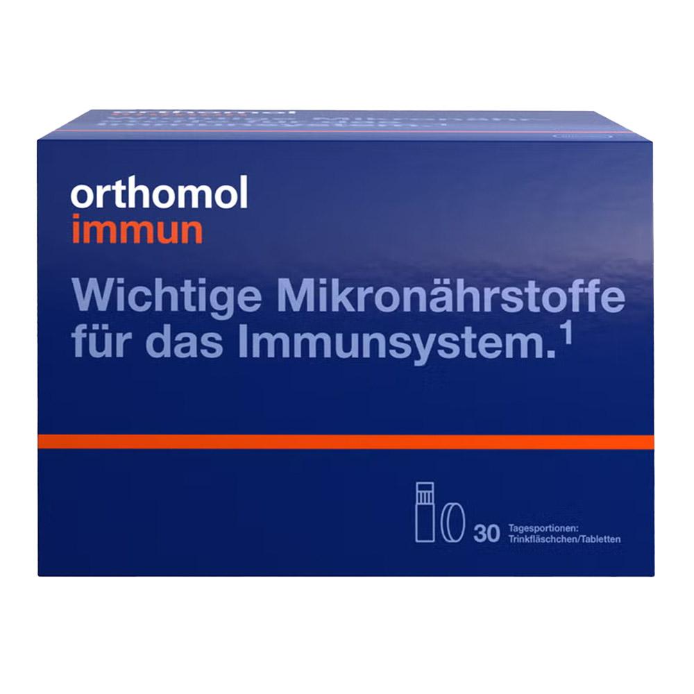 Blaue Verpackung von "Orthomol Immun" mit der Aufschrift "Wichtige Mikron&auml;hrstoffe f&uuml;r das Immunsystem".