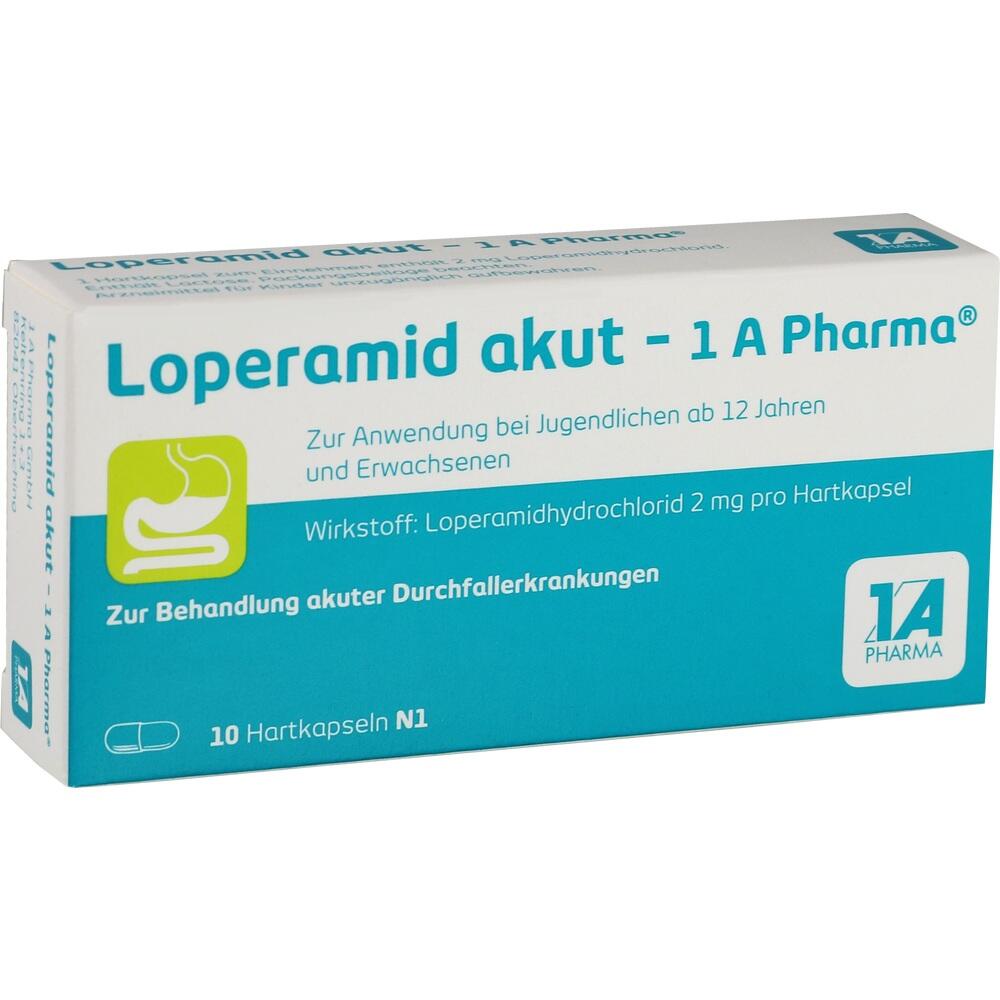 Packung von Loperamid akut, einem Medikament gegen Durchfall.