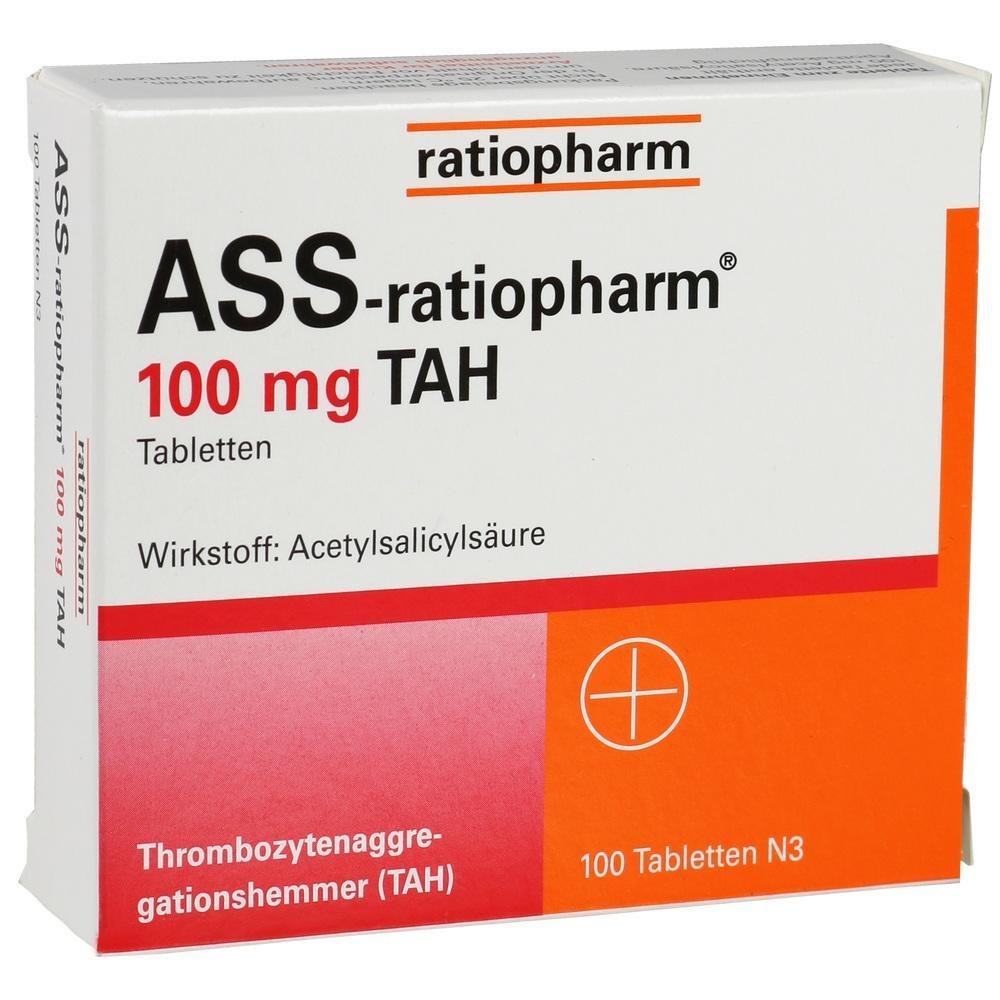 Packung mit ASS-ratiopharm 100 mg Tabletten, Wirkstoff Acetylsalicyls&auml;ure.