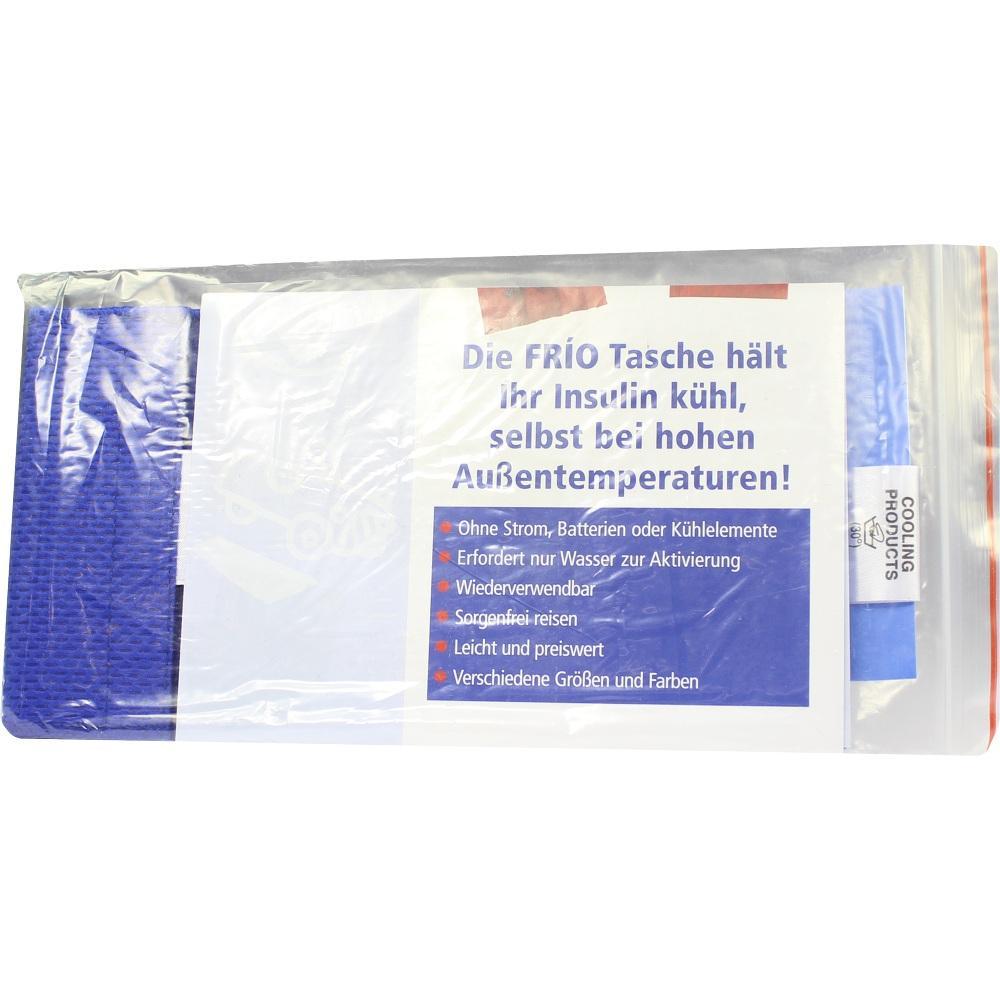 Verpackung einer blauen FR&Iacute;O-Tasche, die Insulin ohne Strom k&uuml;hl h&auml;lt.