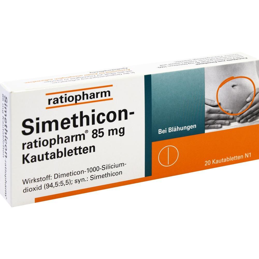 Verpackung von Simethicon-Kautabletten zur Linderung von Bl&auml;hungen.