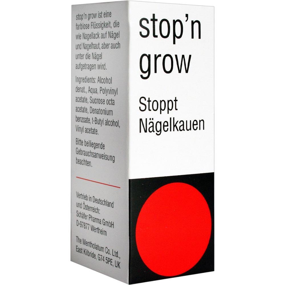 Wei&szlig;e Verpackung mit Text "stop'n grow" und rotem Kreis unten.