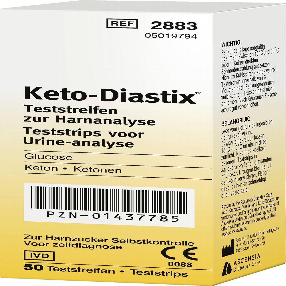 Eine Packung Keto-Diastix Teststreifen zur Urinanalyse.