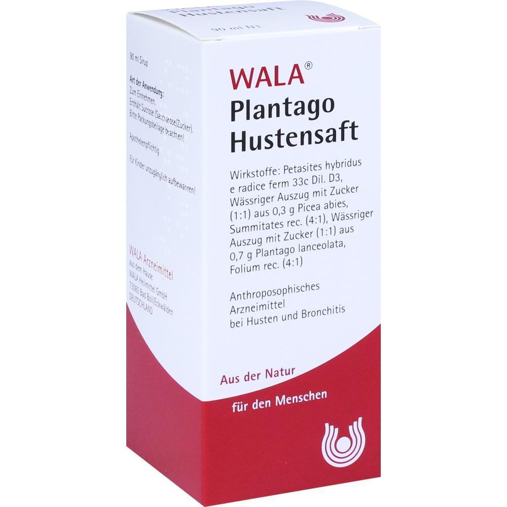 Wei&szlig;e und rote Packung von WALA Plantago Hustensaft mit Textdetails.