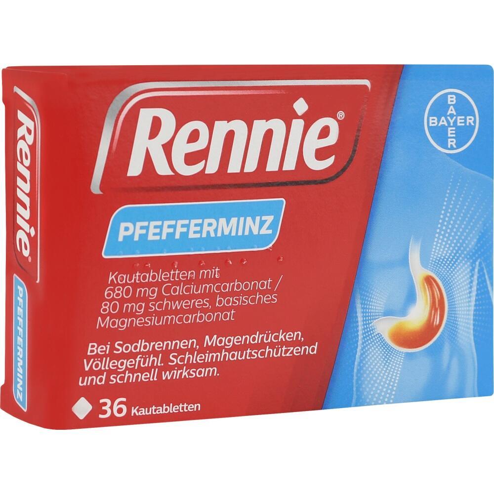 Rotes Rennie-Pfefferminz-Verpackung f&uuml;r Magenbeschwerden mit 36 Kautabletten.