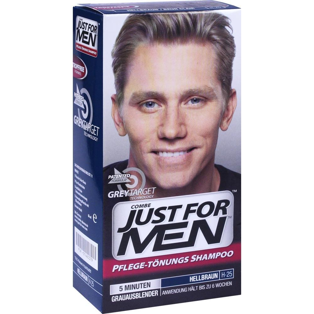 Eine Verpackung von Just For Men Pflege-T&ouml;nungs-Shampoo f&uuml;r hellbraunes Haar.