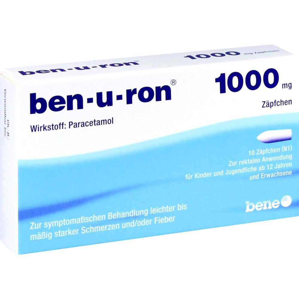 Wei&szlig;e Medikamentenverpackung mit der Aufschrift "ben-u-ron 1000 mg Z&auml;pfchen".