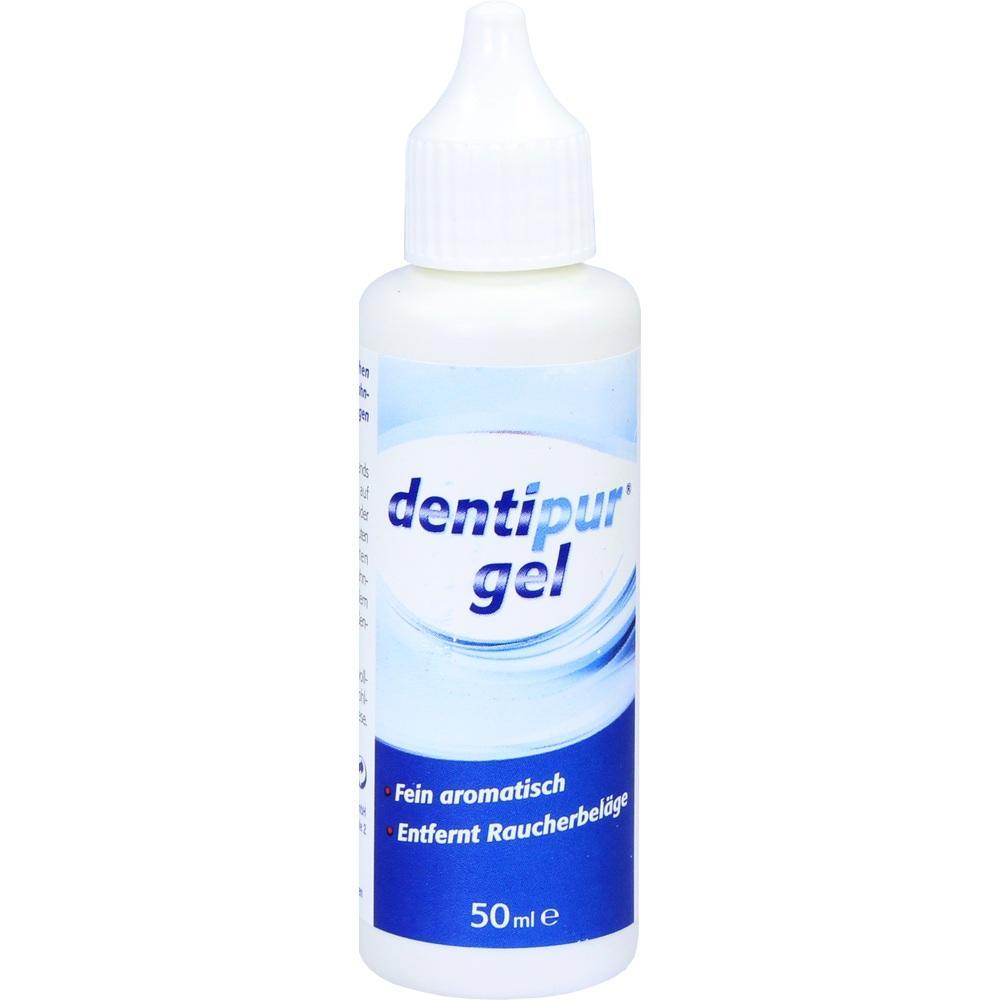 Wei&szlig;e Flasche mit blauer Aufschrift "dentipur gel", entfernt Raucherbel&auml;ge, 50 ml.