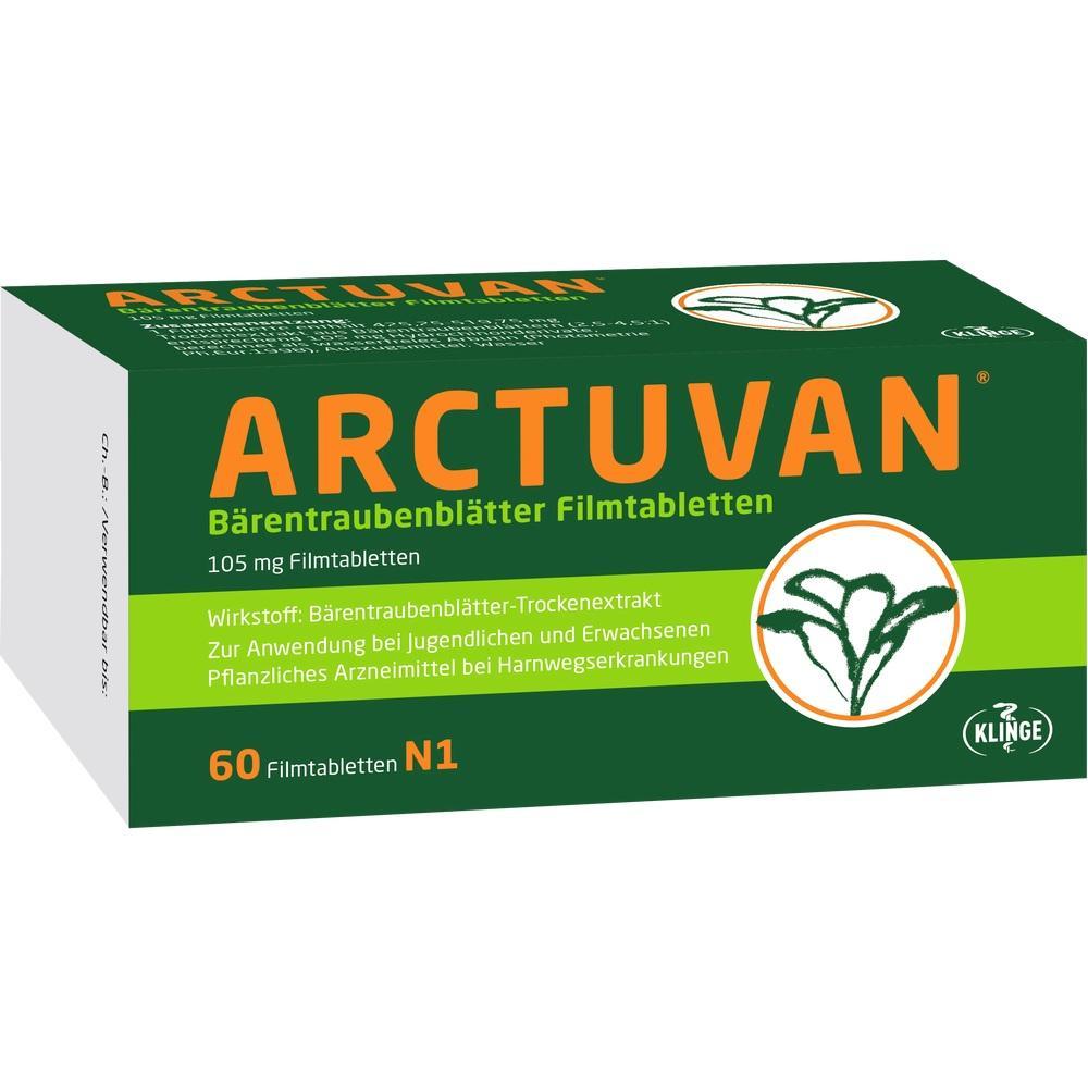 Gr&uuml;ne Packung von Arctuvan B&auml;rentraubenbl&auml;tter Filmtabletten.