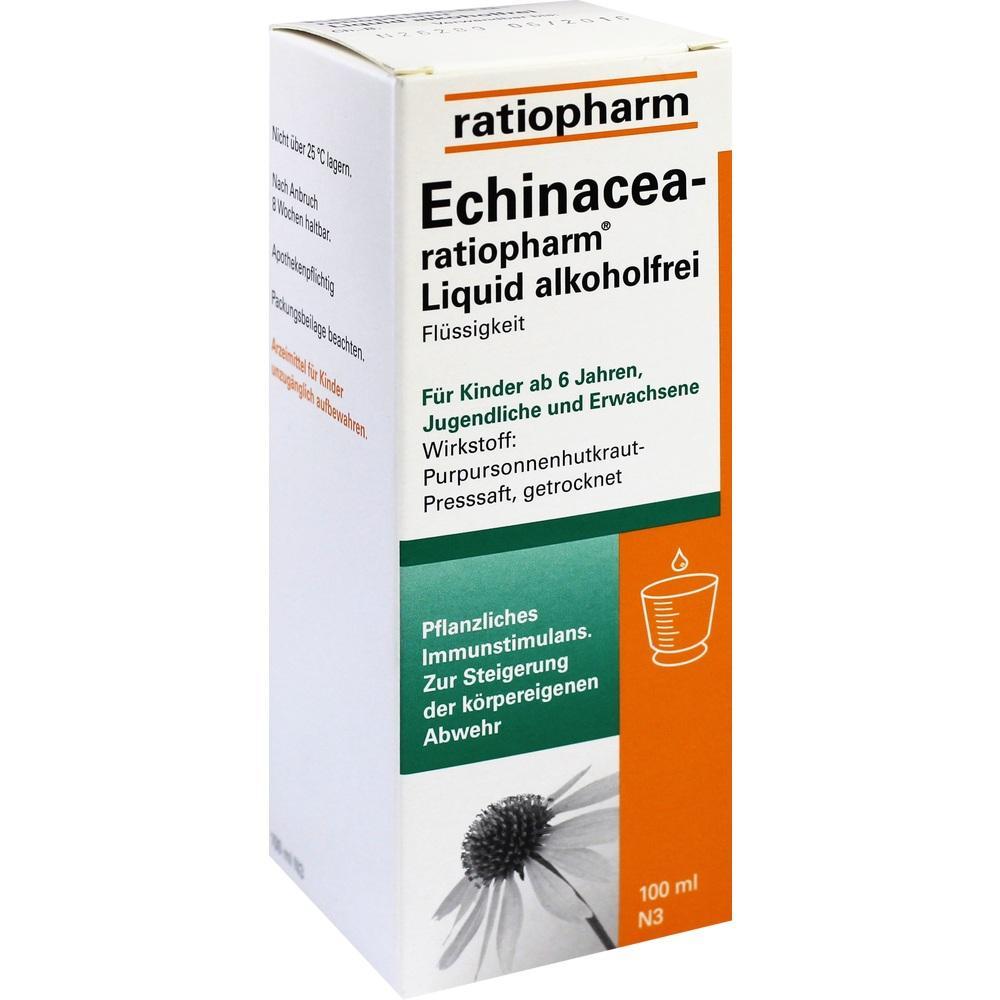 Eine wei&szlig;e Packung von Echinacea Liquid von ratiopharm ohne Alkohol.
