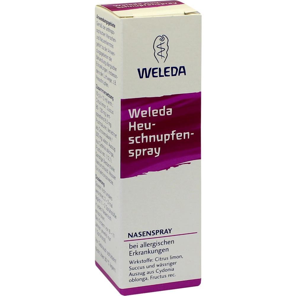 Wei&szlig;e Verpackung eines Nasensprays gegen Heuschnupfen von Weleda.