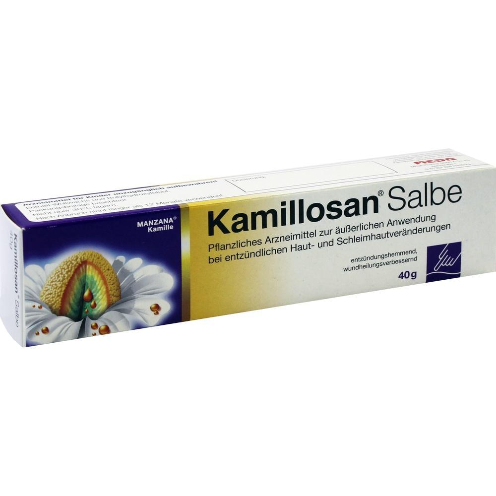 Eine Schachtel Kamillosan Salbe mit Kamillenblumen-Abbildung auf der Verpackung.