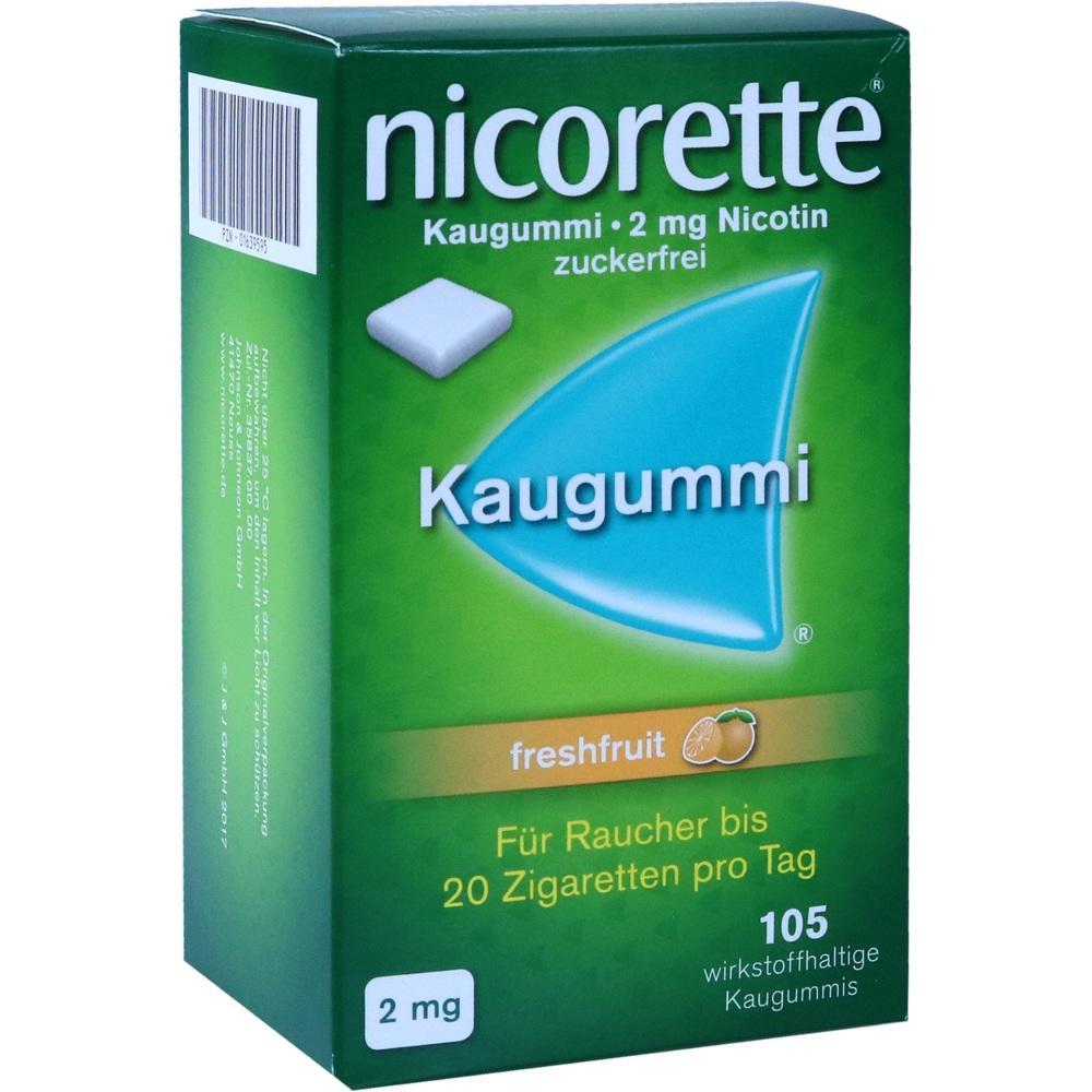Gr&uuml;ne Packung mit Nikotinkaugummi, 2 mg, zuckerfrei, Geschmack freshfruit.