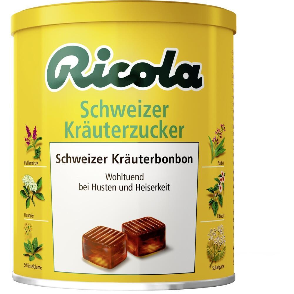Gelbe Ricola-Dose mit Schweizer Kräuterbonbons gegen Husten und Heiserkeit.