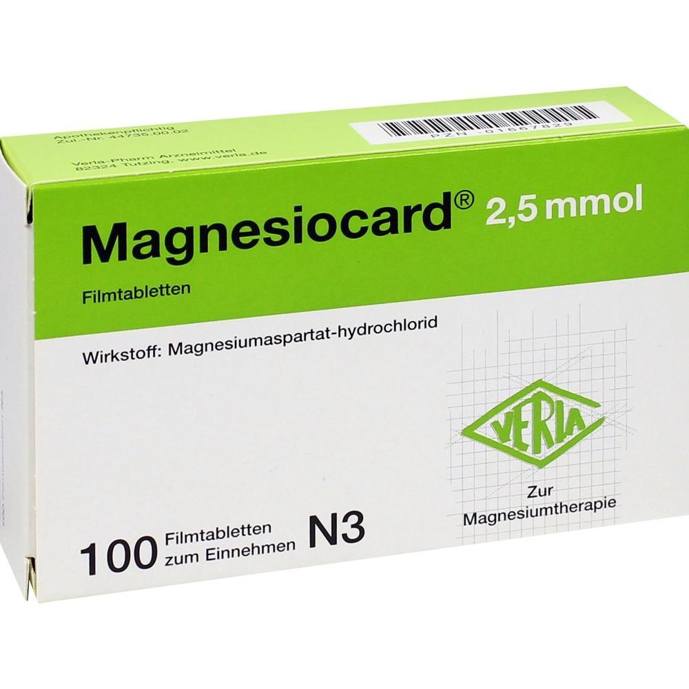 Gr&uuml;ne Packung mit 100 Magnesiocard Filmtabletten zur Magnesiumtherapie.