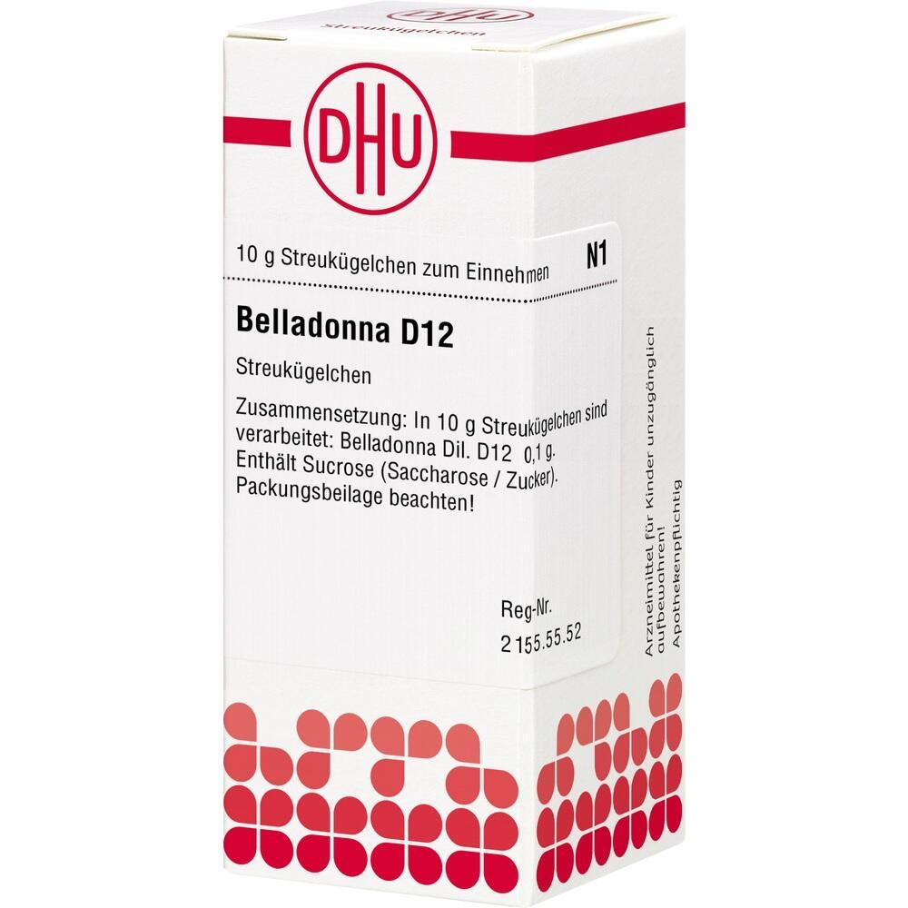 Weiße Packung mit der Aufschrift "Belladonna D12", homöopathische Streukügelchen.