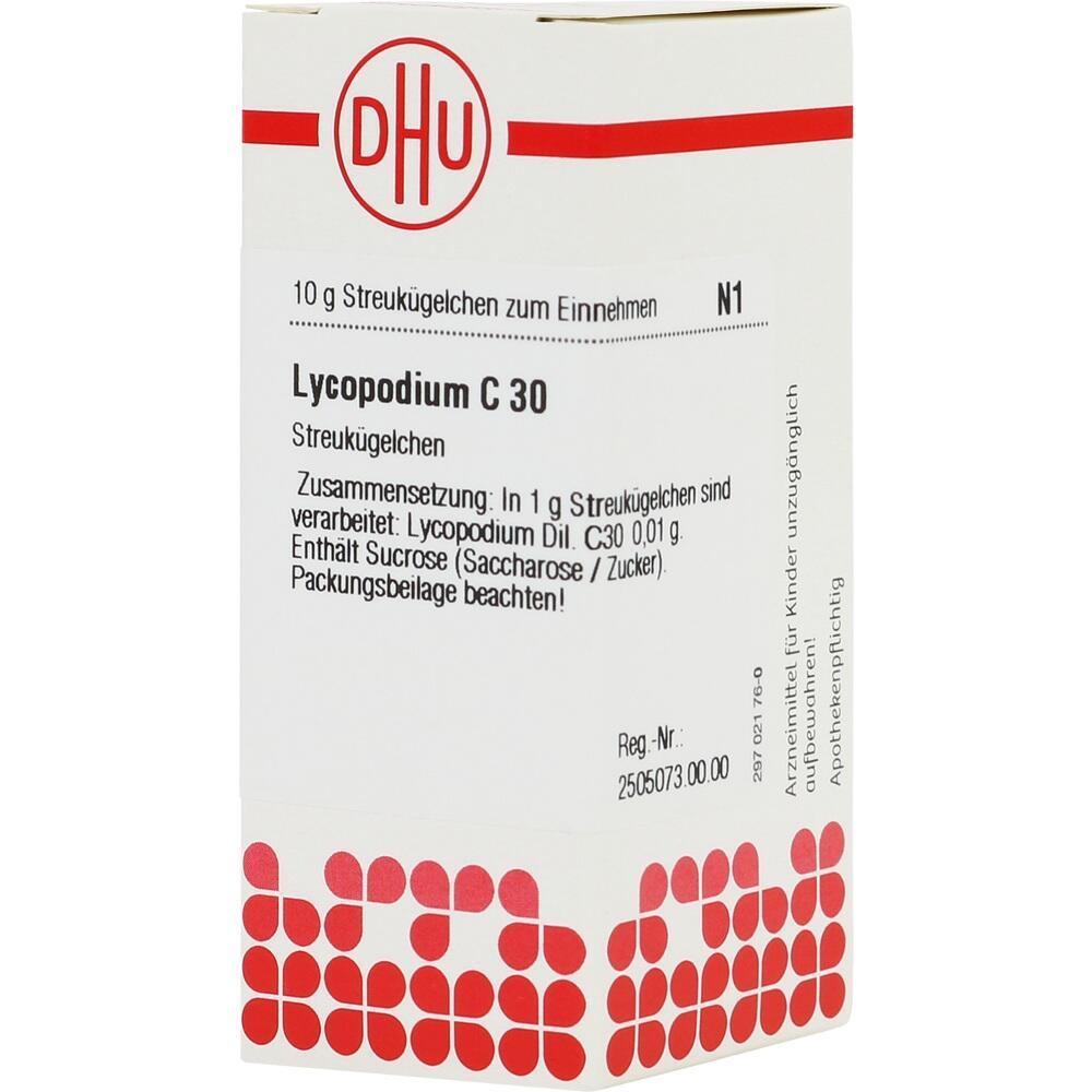 Eine Packung Lycopodium C30 Streuk&uuml;gelchen mit rotem Logo und Text.