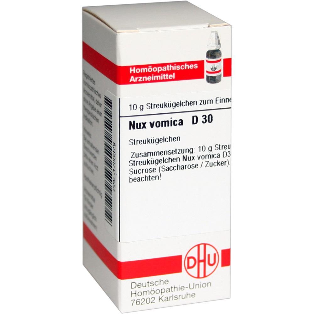 Weiße Verpackung von homöopathischen Nux vomica D 30 Streukügelchen.