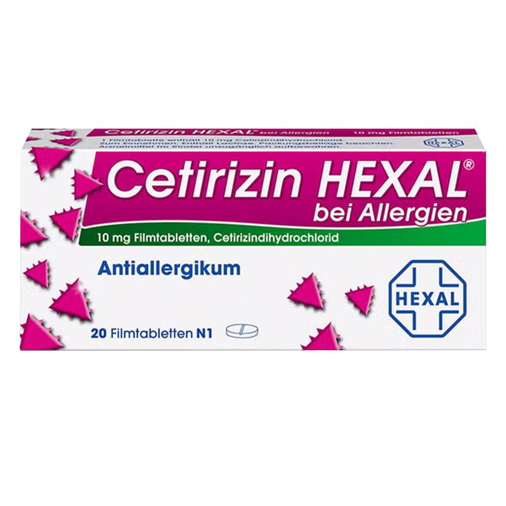 Wei&szlig;e Schachtel mit rosa Dreiecken und dem Text "Cetirizin HEXAL bei Allergien".
