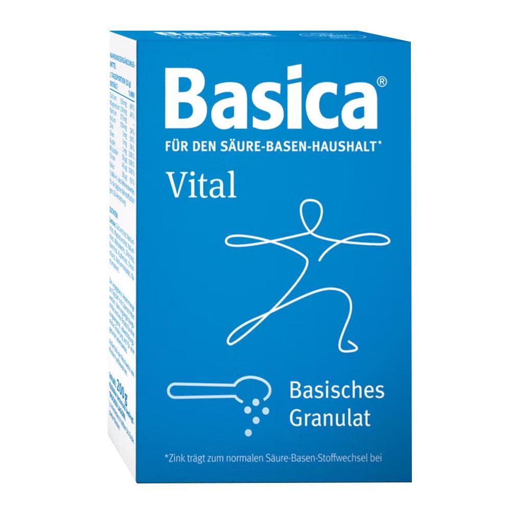 Blaue Verpackung von Basica Vital mit einem stilisierten Menschen als wei&szlig;e Linie.