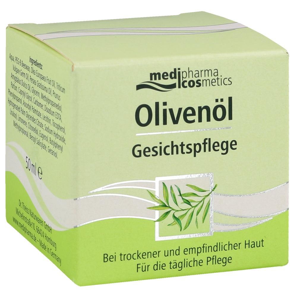 Gr&uuml;ne Verpackung einer Oliven&ouml;l-Gesichtspflege f&uuml;r trockene und empfindliche Haut.
