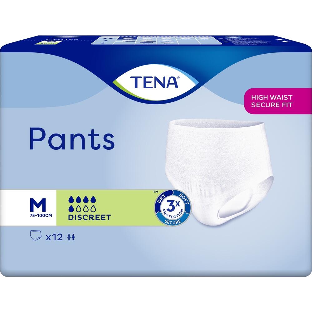 Auf der Packung steht "TENA Pants", es zeigt eine wei&szlig;e Inkontinenzhose.