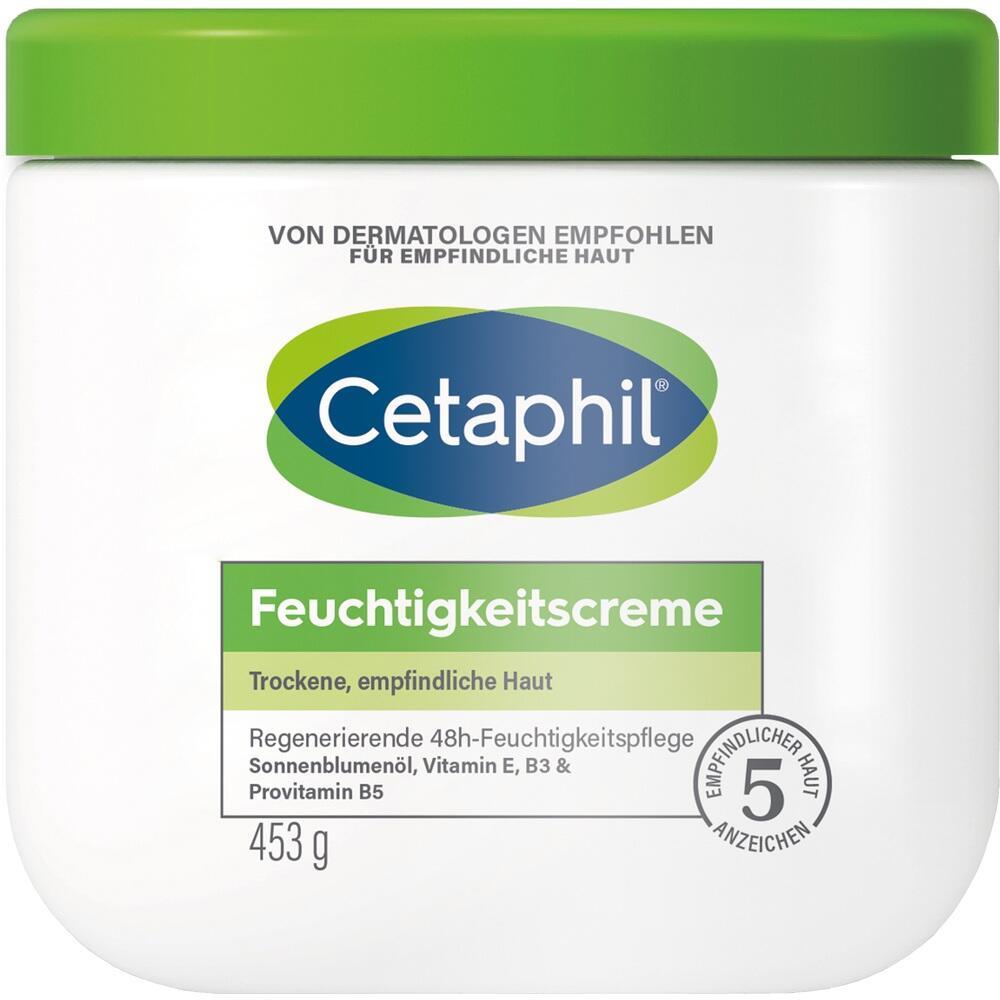 Gro&szlig;e wei&szlig;e Dose mit gr&uuml;nem Deckel und der Aufschrift "Cetaphil Feuchtigkeitscreme".