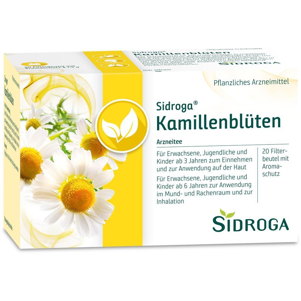 Packung Sidroga Kamillenbl&uuml;ten mit Abbildung von Kamillenblumen und Anwendungsinformationen.