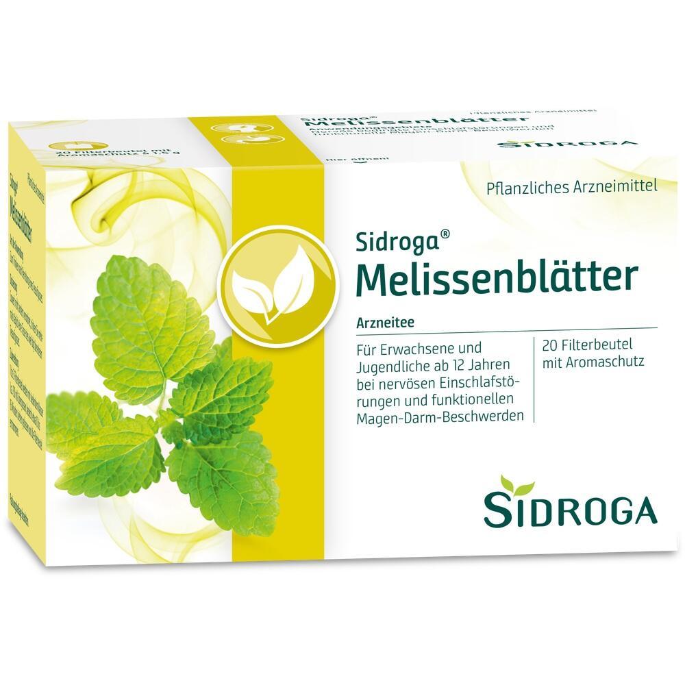 Verpackung von Sidroga Melissenbl&auml;tter-Tee mit gr&uuml;nen Bl&auml;ttern auf gelbem Hintergrund.