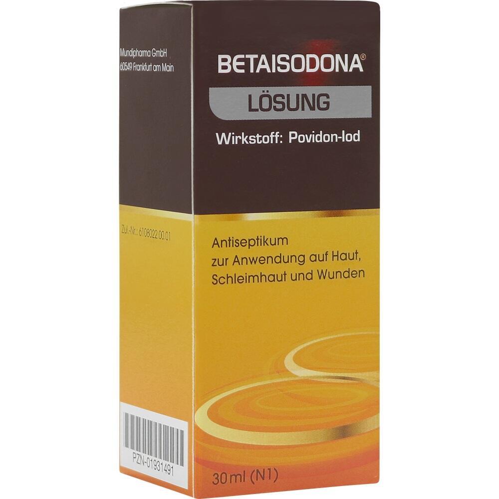 Braune und gelbe Verpackung eines Antiseptikums mit der Aufschrift "Betaisodona L&ouml;sung".