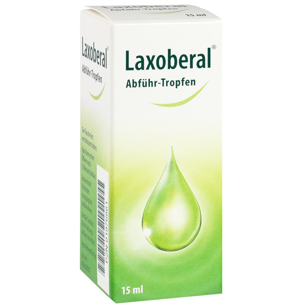 Wei&szlig;e Verpackung mit gr&uuml;ner Aufschrift "Laxoberal Abf&uuml;hr-Tropfen" und einem gr&uuml;nen Tropfen.