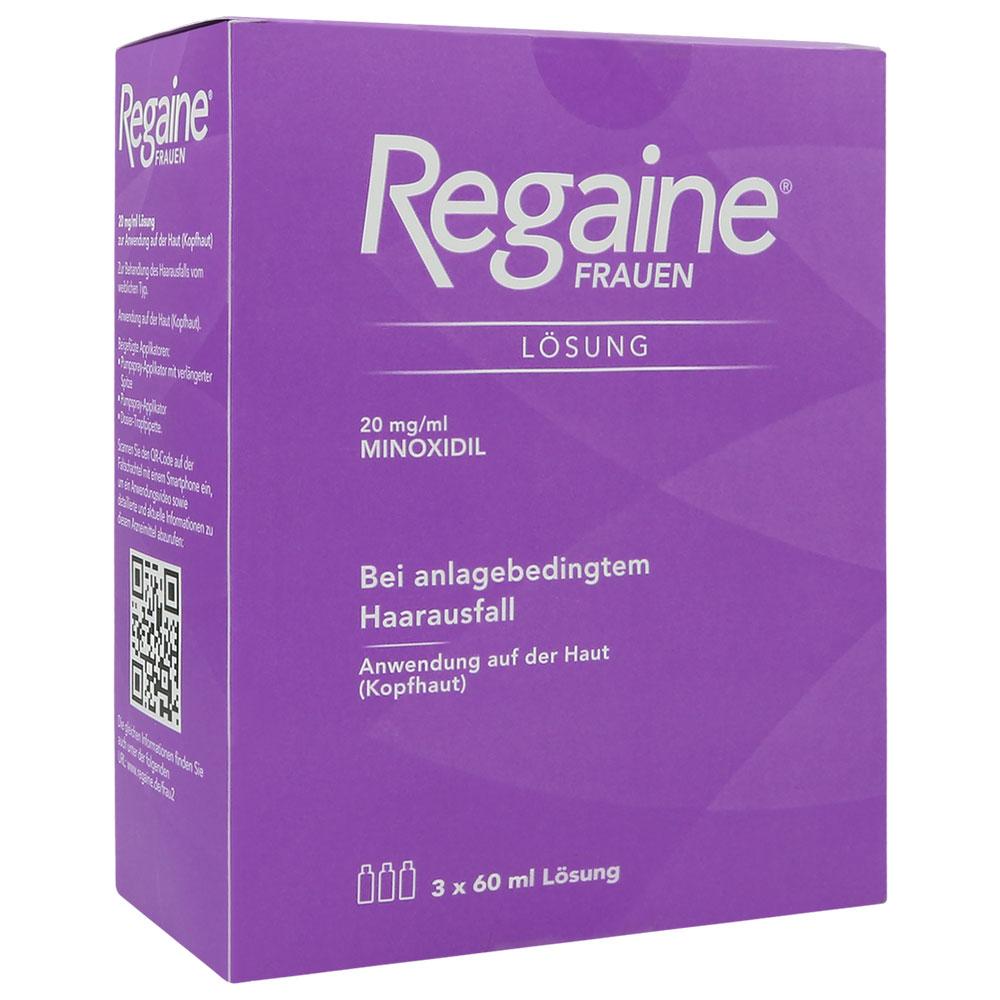 Lila Verpackung von Regaine Frauen Lösung gegen Haarausfall.