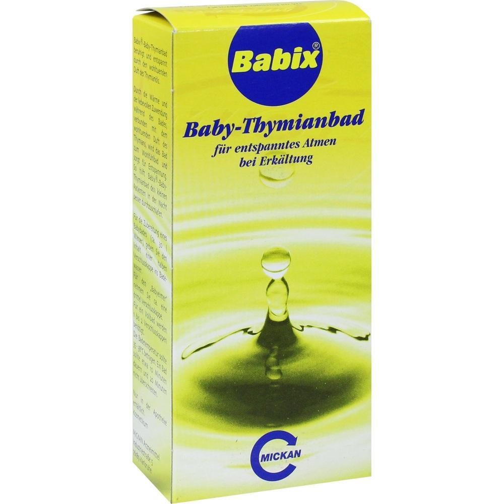 Gelbe Verpackung eines Baby-Thymianbads von Babix f&uuml;r Erk&auml;ltungen.