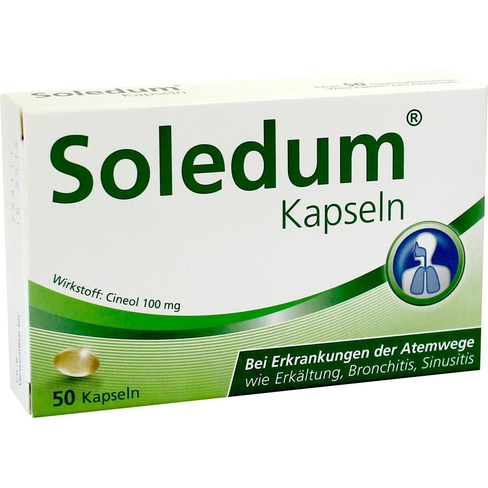 Packung von Soledum Kapseln zur Behandlung von Atemwegsbeschwerden.