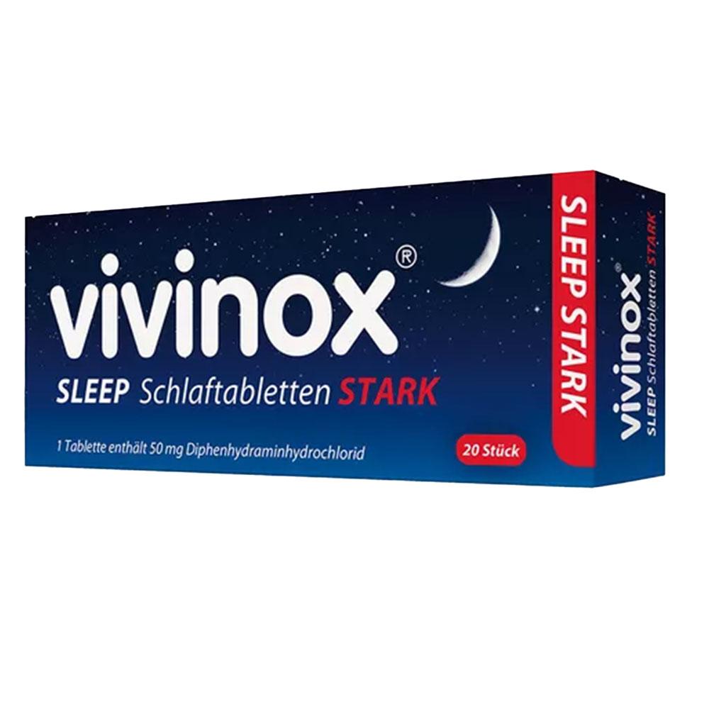 Packung mit Schlafmitteln namens Vivinox Sleep Stark, 20 Tabletten, blauer Hintergrund.