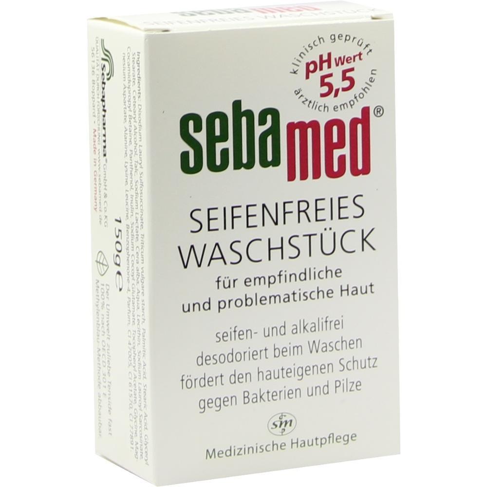 Verpackung eines seifenfreien Waschstücks für empfindliche Haut von Sebamed.