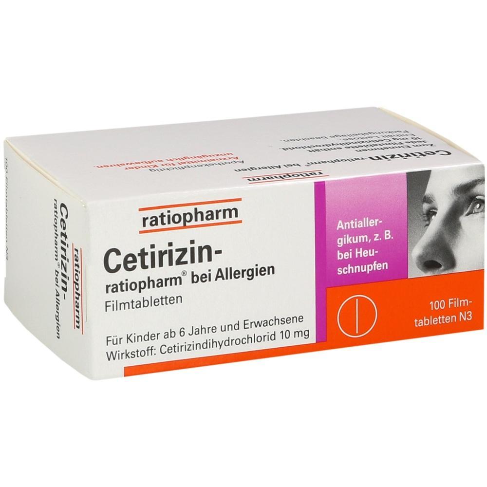 Packung Cetirizin Tabletten gegen Allergien von Ratiopharm.