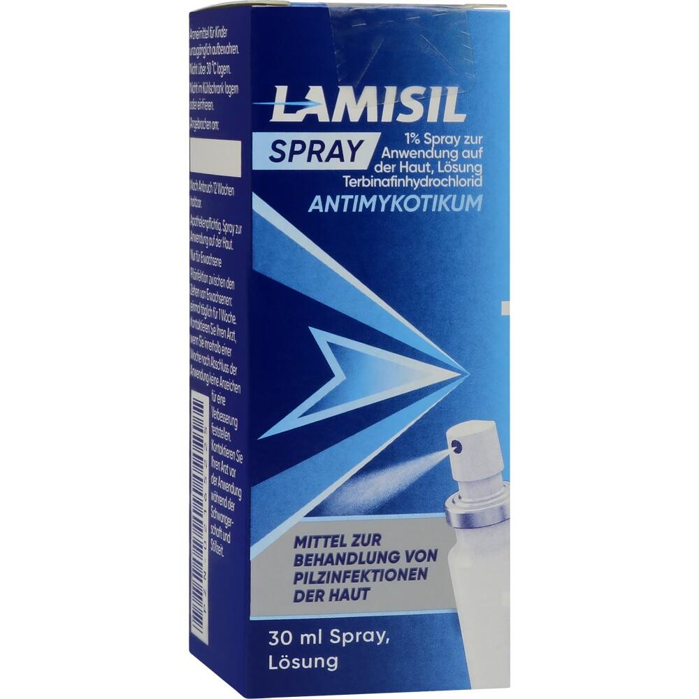 Blaue Verpackung von Lamisil Spray zur Behandlung von Hautpilz.
