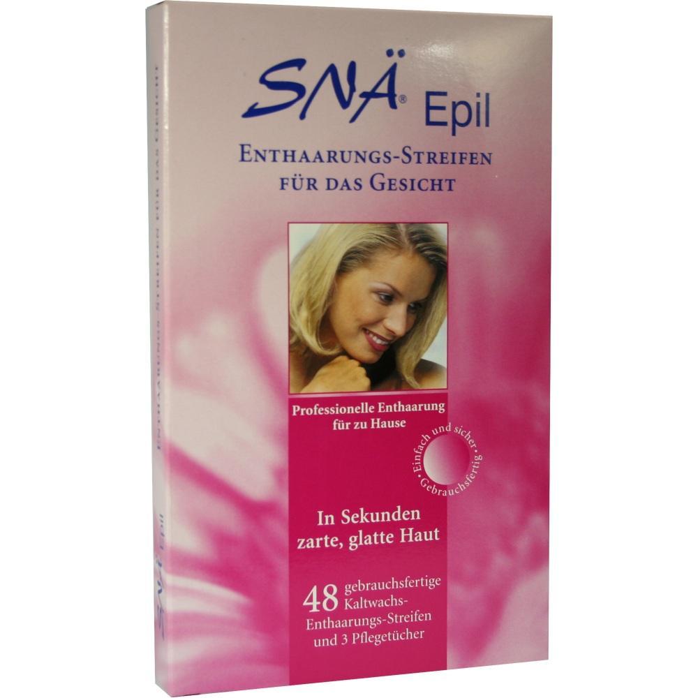 Die Packung zeigt Enthaarungsstreifen f&uuml;r das Gesicht mit einer l&auml;chelnden Frau darauf.