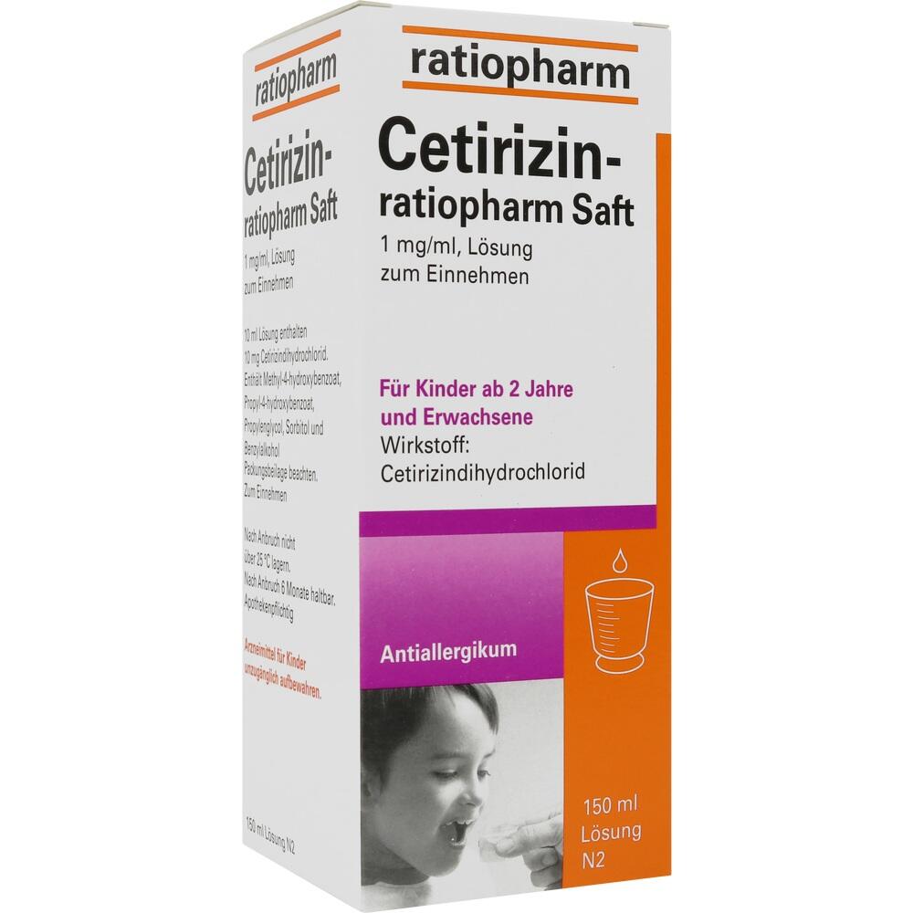 Verpackung von Cetirizin Saft von Ratiopharm, einem Antiallergikum f&uuml;r Kinder und Erwachsene.