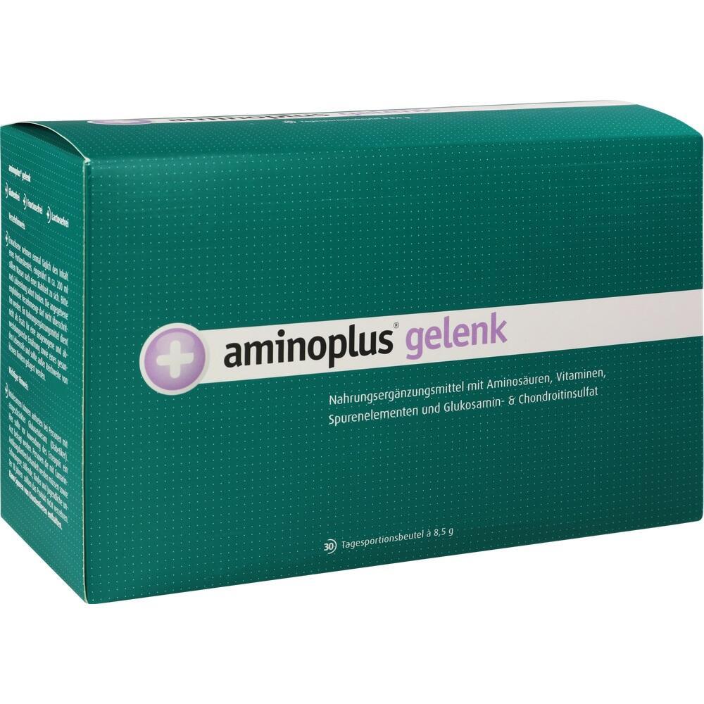Eine gr&uuml;n-wei&szlig;e Verpackung eines Nahrungserg&auml;nzungsmittels namens "aminoplus gelenk".