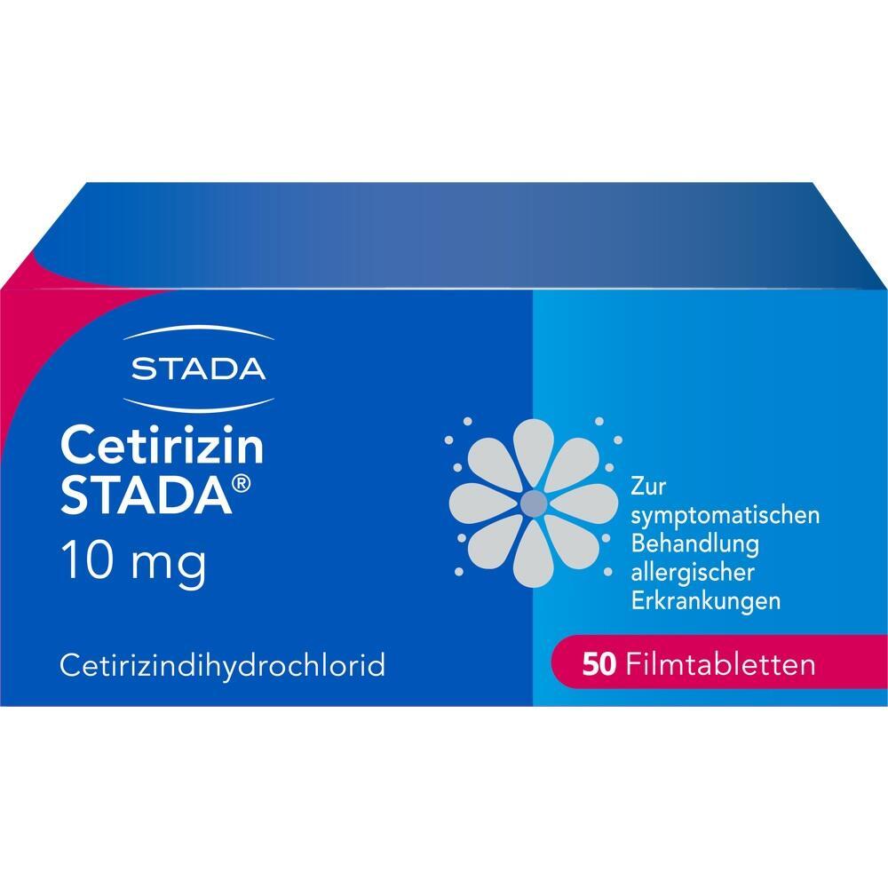 Blaue Verpackung von Cetirizin STADA mit 50 Filmtabletten gegen Allergien.