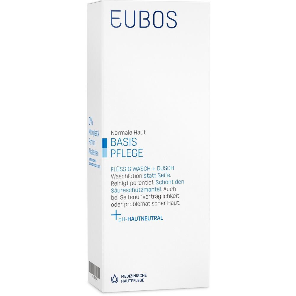 Wei&szlig;e Verpackung einer Fl&uuml;ssigwaschlotion f&uuml;r normale Haut von EUBOS.