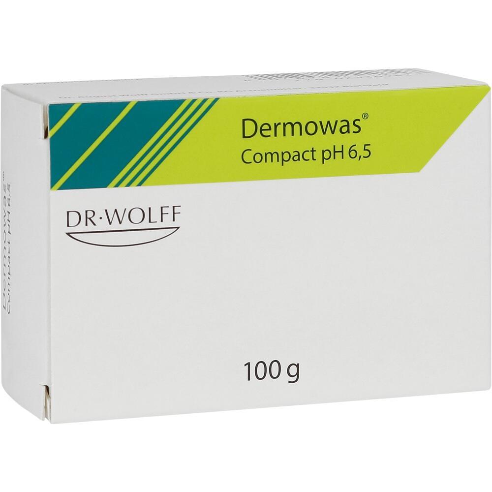 Wei&szlig;e Schachtel mit der Aufschrift "Dermowas Compact pH 6,5" und "DR. WOLFF", 100 Gramm.