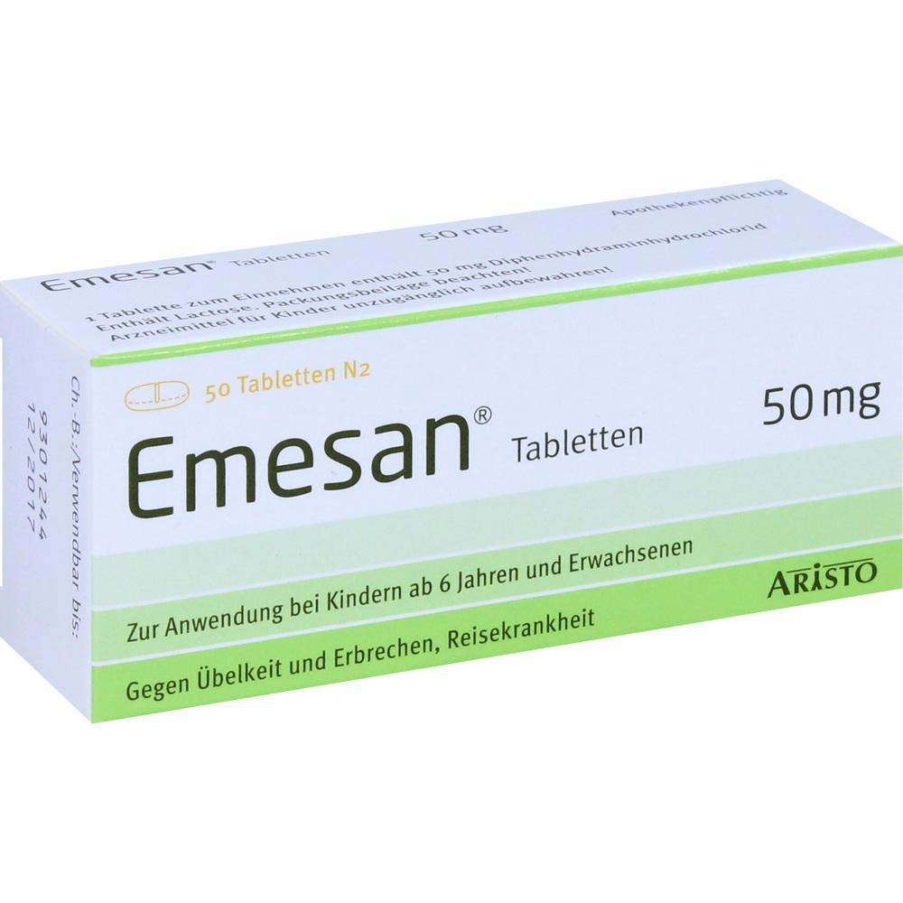 Packung Emesan Tabletten gegen &Uuml;belkeit und Erbrechen, 50 mg, f&uuml;r Kinder und Erwachsene.