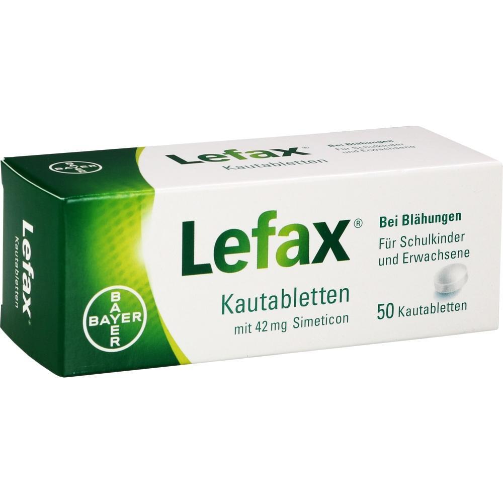 Gr&uuml;ne und wei&szlig;e Packung von Lefax mit 50 Kautabletten gegen Bl&auml;hungen.