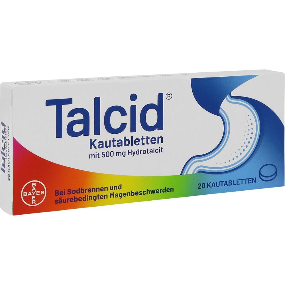 Schachtel von Talcid-Kautabletten gegen Sodbrennen, 20 Tabletten.