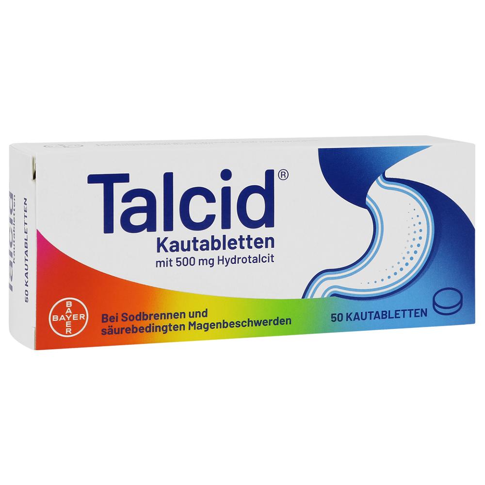 Wei&szlig;e Packung von Kautabletten gegen Sodbrennen mit buntem Design.